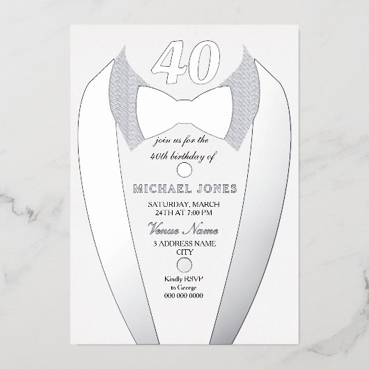 Silver Foil Tuxedo Suit Mannen 40th Birthday Party Folie Uitnodiging (Voorkant)