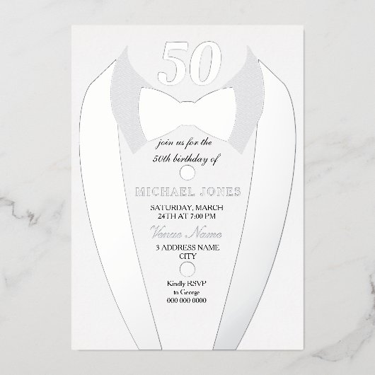 Silver Foil Tuxedo Suit Mannen 50th Birthday Party Folie Uitnodiging (Voorkant)