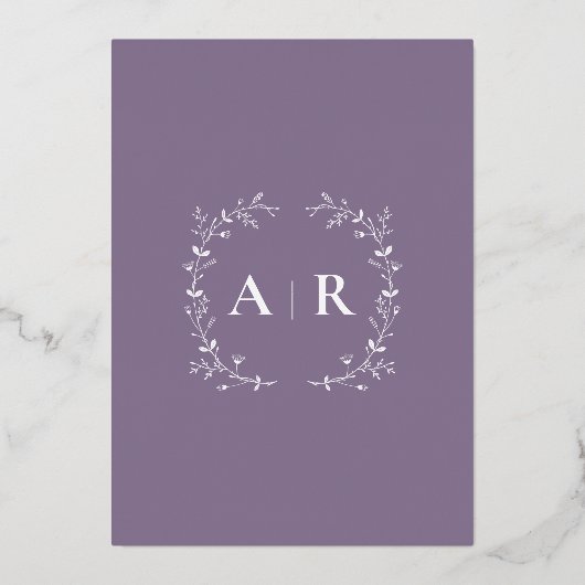 Silver Foil Vine Scroll Wedding, Dusty Paars Folie Uitnodiging (Achterkant)