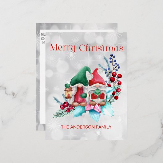 Silver Foil Waterverf Kerstgnomen Folie Feestdagen Briefkaart (Voorkant / Achterkant)