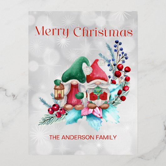 Silver Foil Waterverf Kerstgnomen Folie Feestdagen Briefkaart (Voorkant)