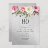 Silver Foil White roze Rose 80th Birthday Invite Kaart (Voorkant / Achterkant)