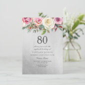 Silver Foil White roze Rose 80th Birthday Invite Kaart (Staand voorkant)