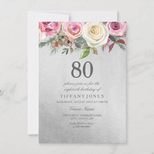 Silver Foil White roze Rose 80th Birthday Invite Kaart (Voorkant)