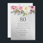 Silver Foil White roze Rose 80th Birthday Invite Kaart<br><div class="desc">Silver Foil White Roze roze 80th Birthday Noteer prachtige elegante florale waterverf Volledig  / gepersonaliseerd</div>