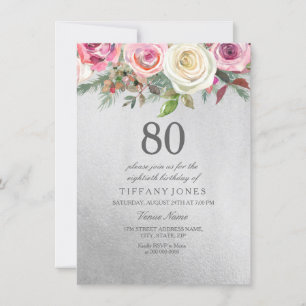 Silver Foil White roze Rose 80th Birthday Invite Kaart