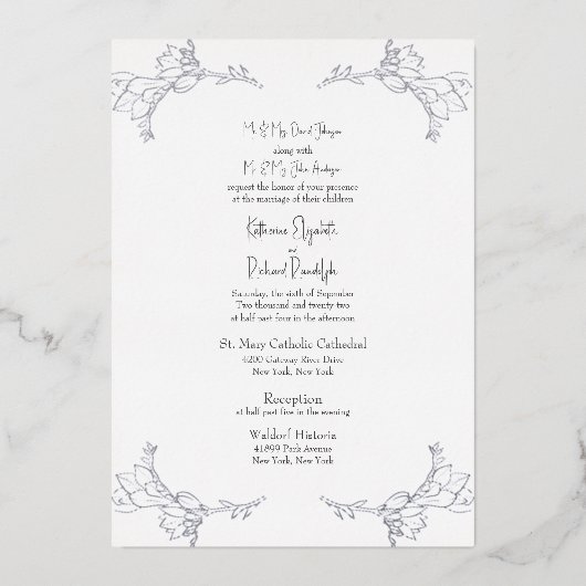 Silver Foil White Two Venue Beide ouders bruiloft Folie Uitnodiging (Voorkant)