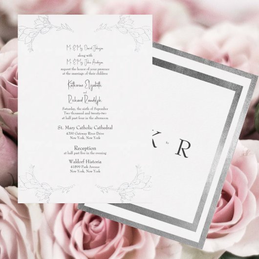 Silver Foil White Two Venue Beide ouders bruiloft Folie Uitnodiging