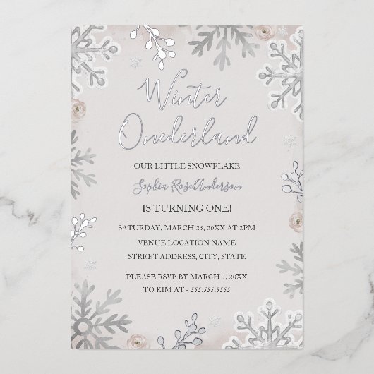 SILVER FOIL Winter Onederland 1e verjaardag Folie Uitnodiging (Voorkant)