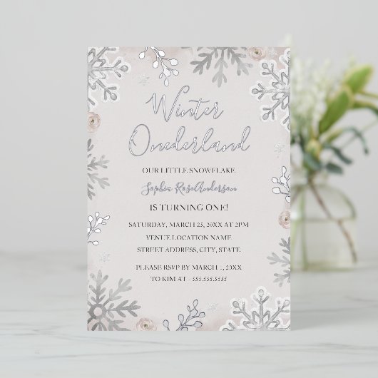 SILVER FOIL Winter Onederland 1e verjaardag Folie Uitnodiging (Staand Voorkant)