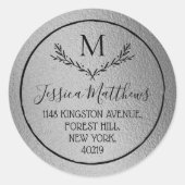Silver Foil WreatCustom Monogram Return-adres Ronde Sticker (Voorkant)