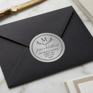 Silver Foil WreatCustom Monogram Return-adres Ronde Sticker