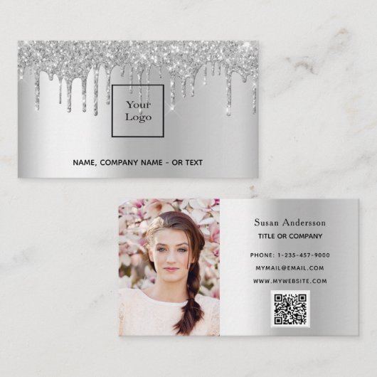 Silver foto QR code glitter druipt vrouw Visitekaartje (Voorkant / Achterkant)