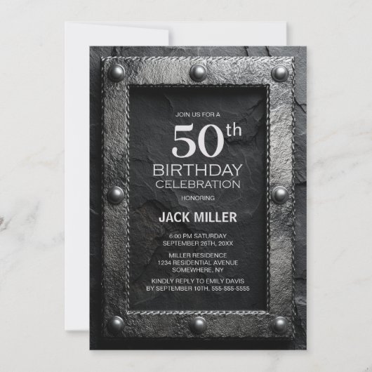 Silver Frame Black Slate 50th Birthday Party Kaart (Voorkant)