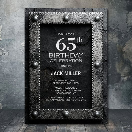 Silver Frame Black Slate 65th Birthday Party Kaart