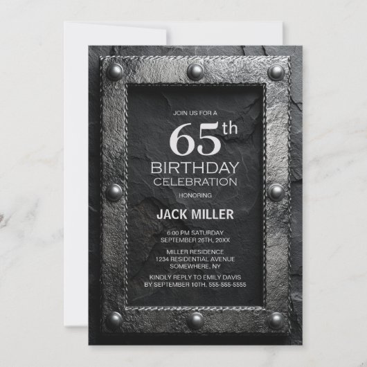 Silver Frame Black Slate 65th Birthday Party Kaart (Voorkant)