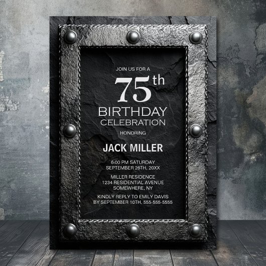 Silver Frame Black Slate 75th Birthday Party Kaart