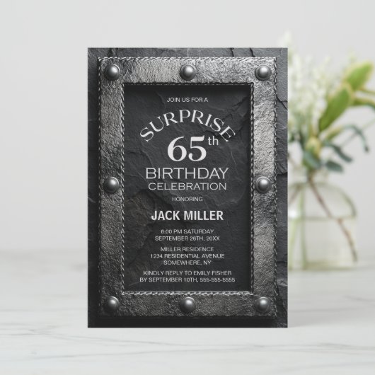 Silver Frame Black Slate Surprise 65th Birthday Kaart (Staand voorkant)