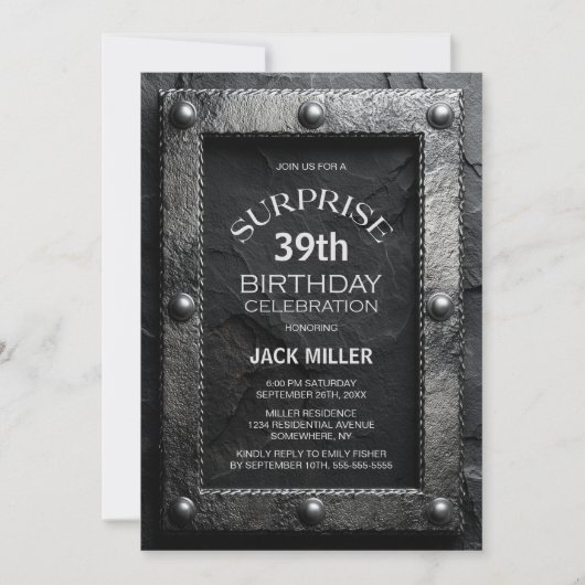 Silver Frame Black Slate Surprise Birthday Party Kaart (Voorkant)