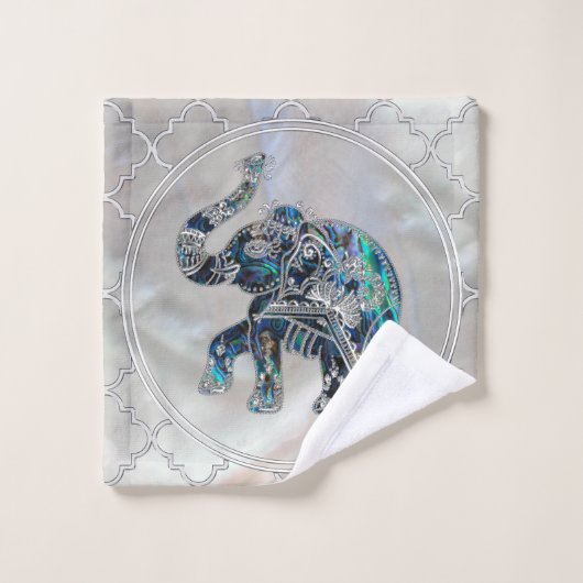 Silver Framed Elephant op Abalone en Pearl Bad Handdoek (Wasdoekje)