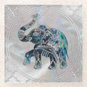 Silver Framed Elephant op Abalone en Pearl Glazen Onderzetter