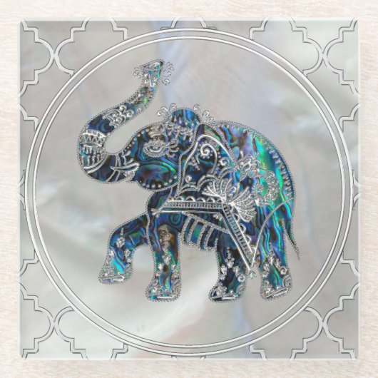 Silver Framed Elephant op Abalone en Pearl Glazen Onderzetter (Voorkant)