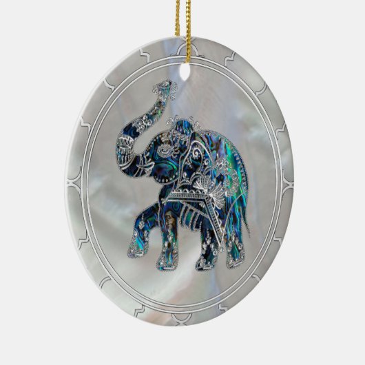 Silver Framed Elephant op Abalone en Pearl Keramisch Ornament (Rechts)