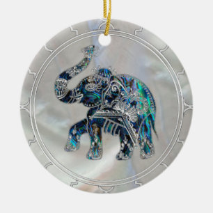 Silver Framed Elephant op Abalone en Pearl Keramisch Ornament