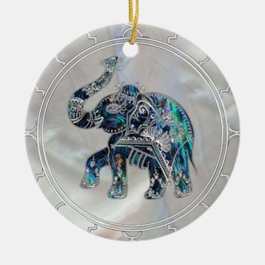 Silver Framed Elephant op Abalone en Pearl Keramisch Ornament (Voorkant)