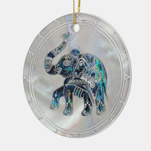 Silver Framed Elephant op Abalone en Pearl Keramisch Ornament (Links)