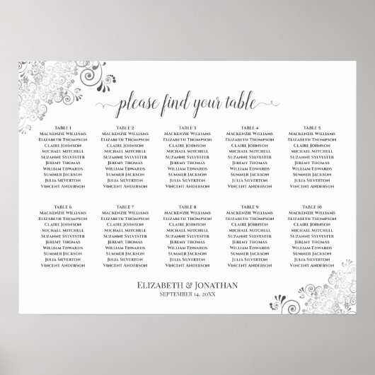 Silver Frills 10 Table Wedding Seating Chart White Poster (Voorkant)