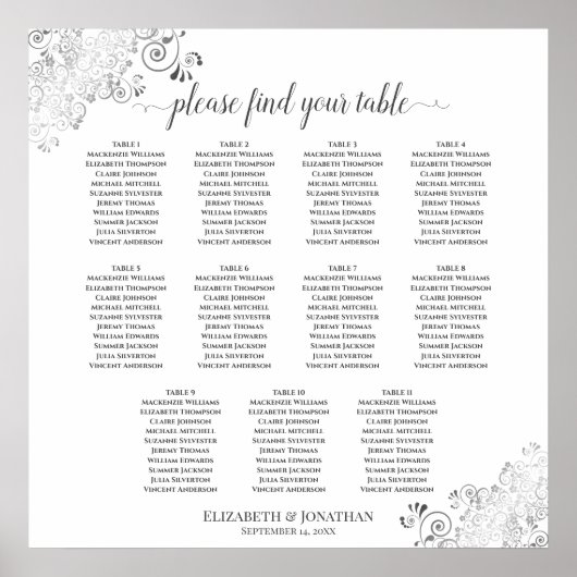 Silver Frills 11 Table Wedding Seating Chart White Poster (Voorkant)