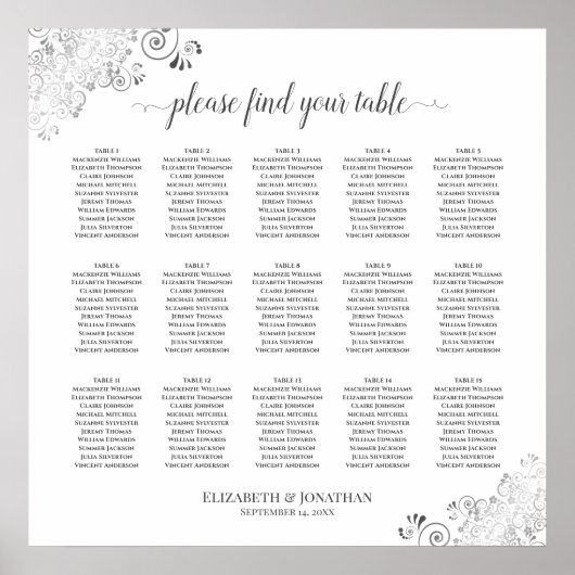 Silver Frills 15 Table Wedding Seating Chart White Poster (Voorkant)