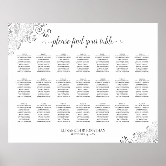 Silver Frills 21 Table Wedding Seating Chart White Poster (Voorkant)