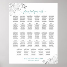 Silver Frills 29 Table Wedding Seating Chart Blauw Poster