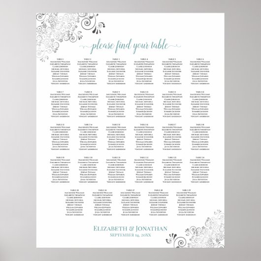 Silver Frills 29 Table Wedding Seating Chart Blauw Poster (Voorkant)