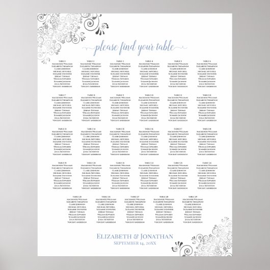 Silver Frills 29 Table Wedding Seating Chart Blue Poster (Voorkant)