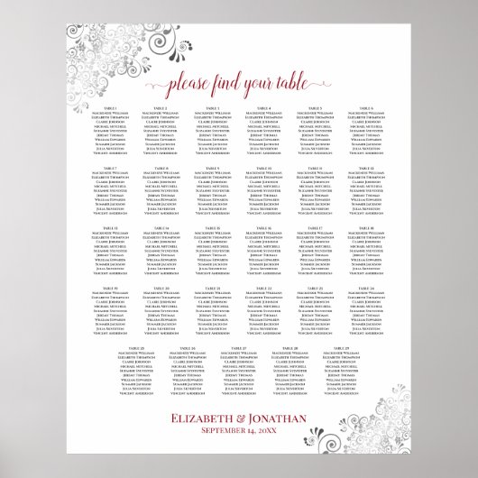 Silver Frills 29 Table Wedding Seating Chart Red Poster (Voorkant)