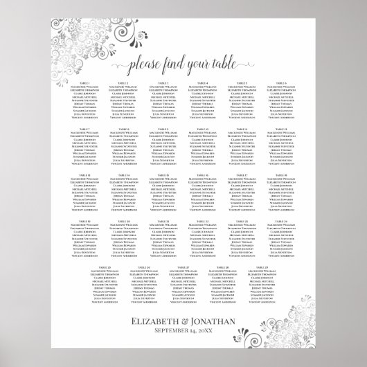 Silver Frills 29 Table Wedding Seating Chart White Poster (Voorkant)