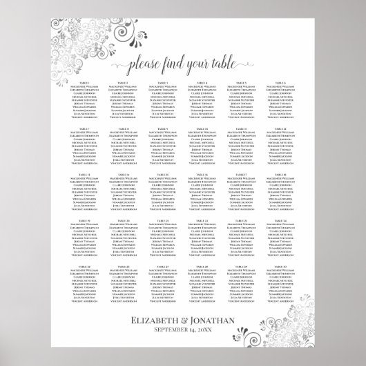 Silver Frills 30 Table Wedding Seating Chart White Poster (Voorkant)