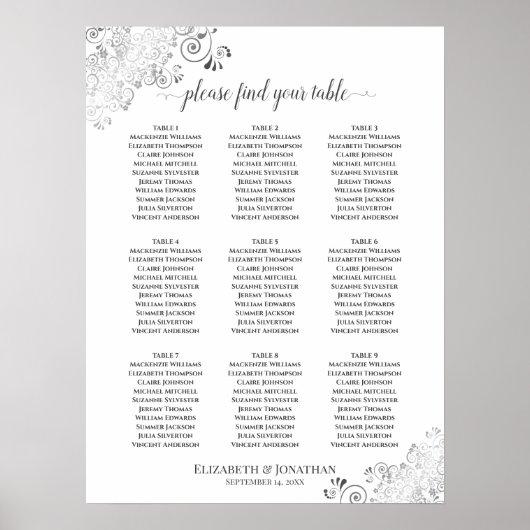 Silver Frills 9 Table Wedding Seding Chart White Poster (Voorkant)