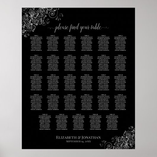 Silver Frills Black 29 Table Wedding Seating Chart Poster (Voorkant)