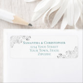 Silver Frills Blauwgroen op White Wedding Return-a Etiket (Insitu)