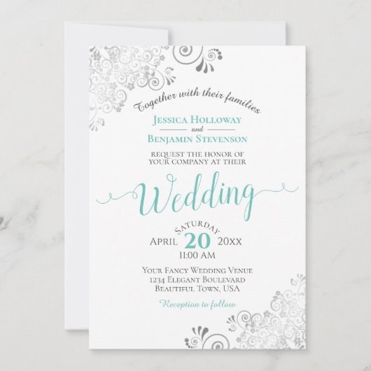 Silver Frills Elegant Aqua Cyan op het witte huwel Kaart (Voorkant)