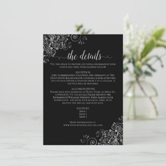 Silver Frills Elegant Black Wedding Details Informatiekaartje (Staand voorkant)