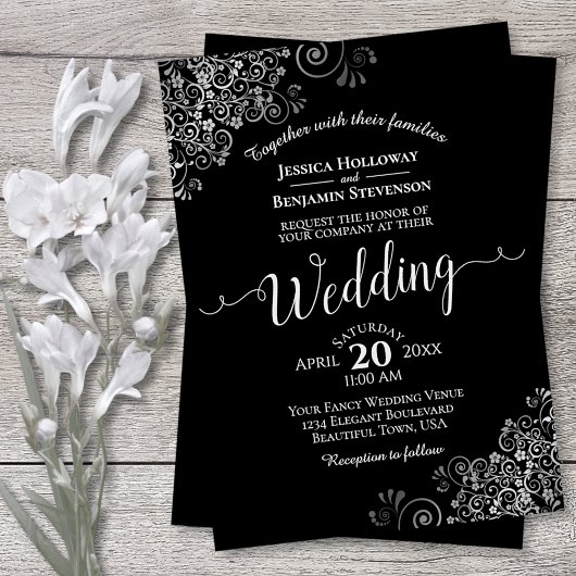 Silver Frills Elegant Black Wedding Kaart