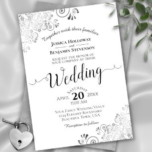 Silver Frills Elegant Black & White Wedding Kaart