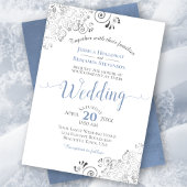 Silver Frills Elegant Blue & Grey op White Wedding Kaart