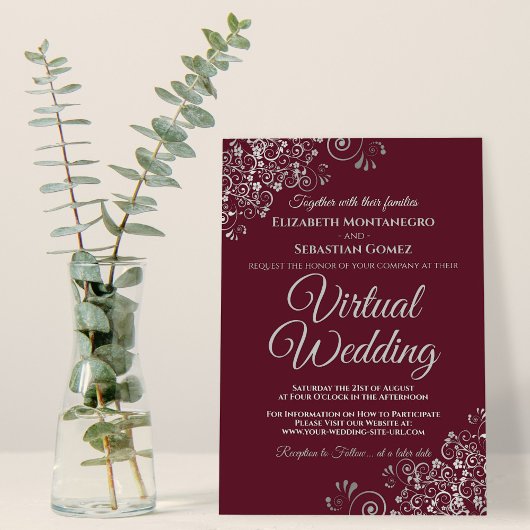 Silver Frills Elegant Burgundy Virtual Wedding Kaart