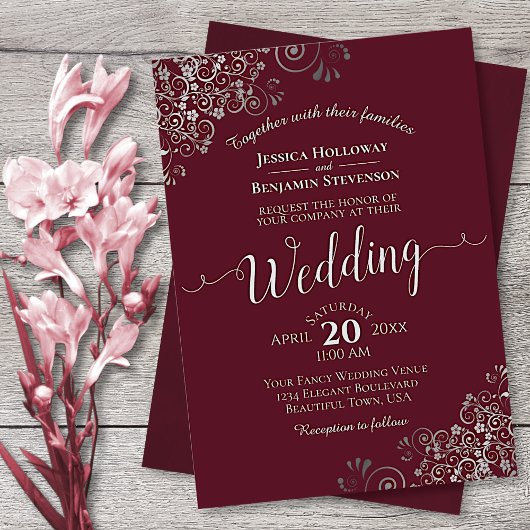Silver Frills Elegant Burgundy Wedding Kaart